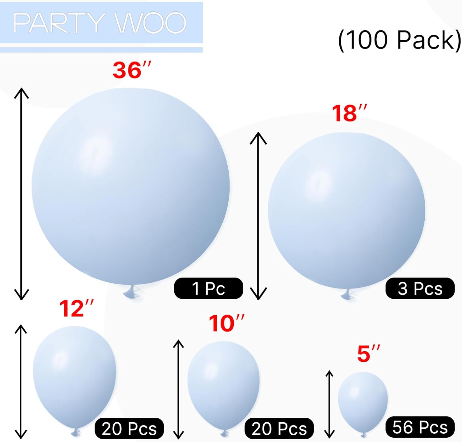 PartyWoo Baby Blue Balloons - 100 Pcs in Various Sizes for Graduation & Baby Shower Decor | Light Pastel Aqua Blue
