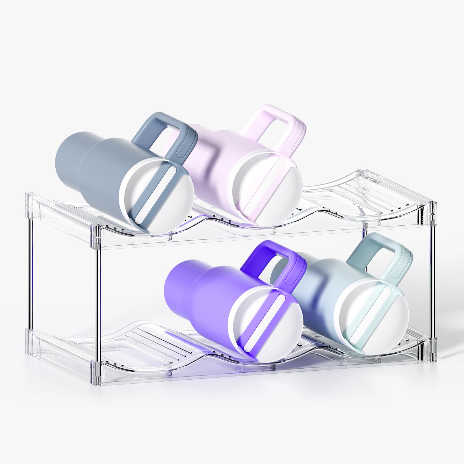 AWGOU Stackable Water Bottle Organizer for Cabinet, Bottle and Other Tumbler Organizer for Kitchen Cabinets,Clear Stackable Water Bottle Holder and Wine Rack