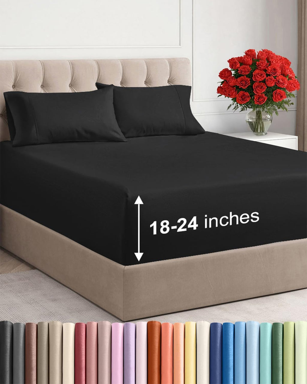 Skiennix Extra Deep Twin XL Sheet Set | 4-Piece Breathable Cooling Bedding - Soft, Wrinkle-Free, Easy Fit - Black