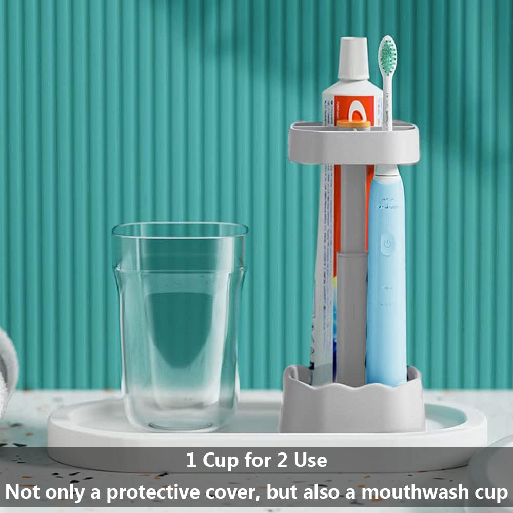 1 Pack 2 in 1 Bathroom Toothbrush Holder & Rinsing Cup with Adjustable Height, Dust Resistant and Water Draining Design, Toothbrush Holders with Cover (1, White)