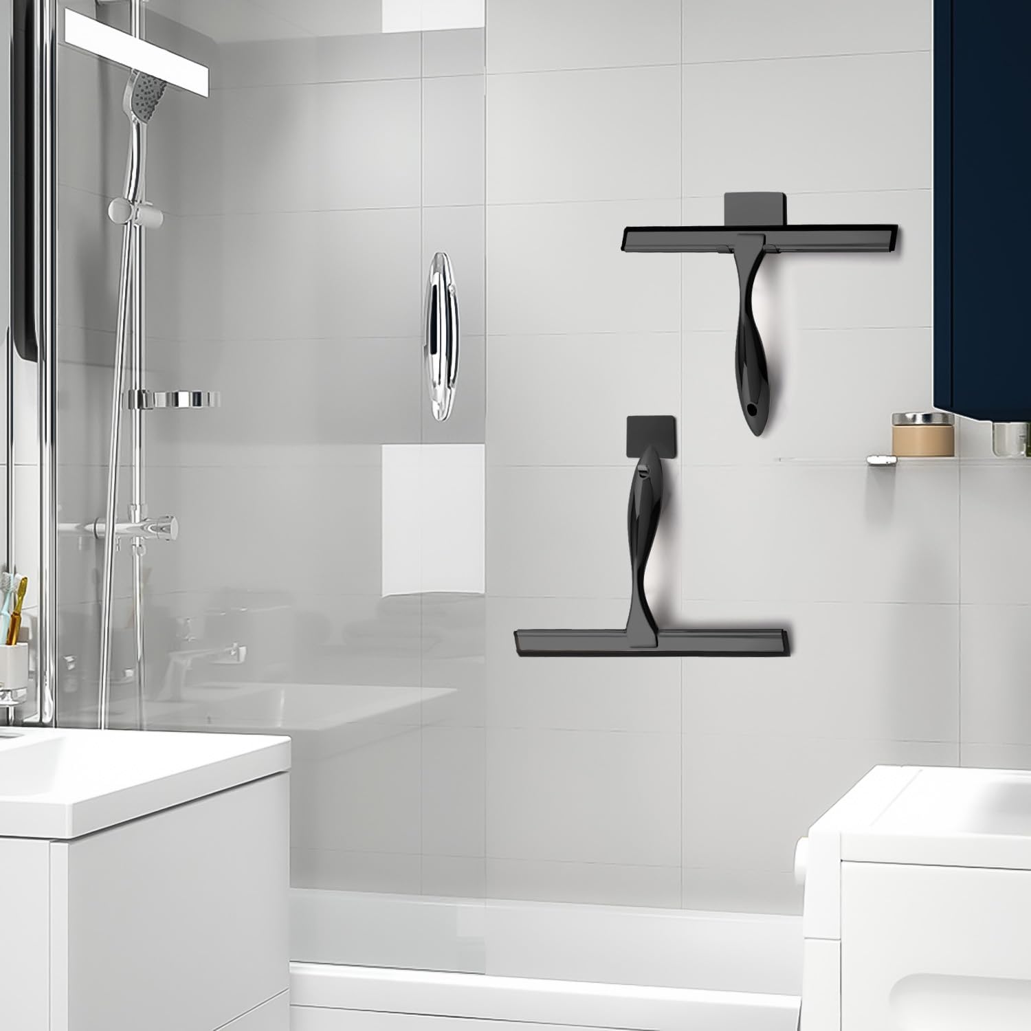 Skiennix Stainless Steel Shower Squeegee - 12 Inch Black with 3 Adhesive Hooks for Glass & Tiles