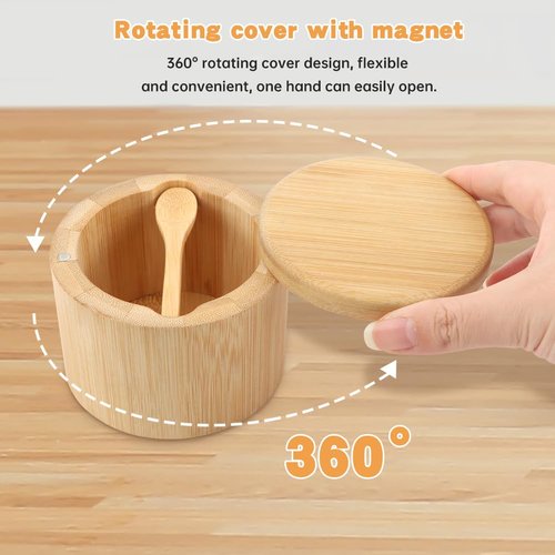 Londehuhai Magnetic Rotating Lid Bamboo Spice Jar with Built in Spoon, 6oz Salt Cellar Small Sal-t Box, Kitchen Salt Pepper Shaker, Easy-Pour Spice Dispenser for Sugar, Herbs, Seasonings(COLOR:Wood)