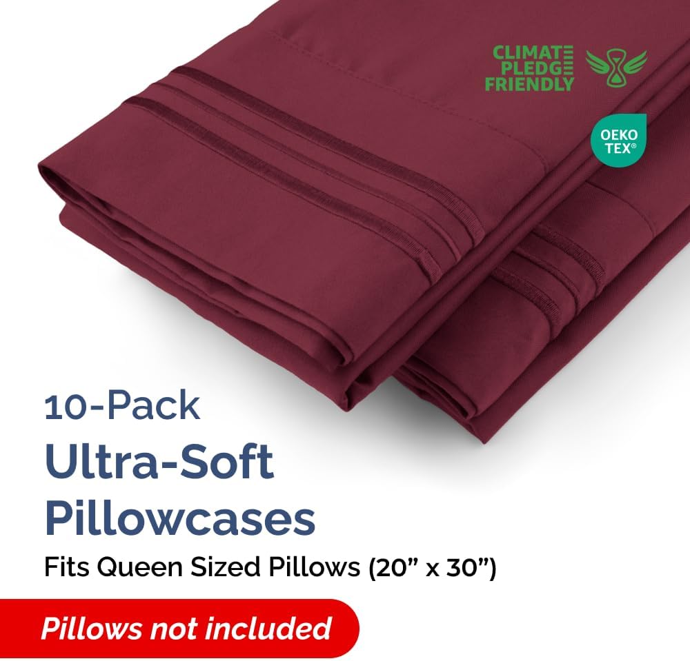 Skiennix Queen Pillow Cases Set of 10 | Ultra Soft Hotel Quality, Wrinkle-Free & Stain Resistant - Burgundy