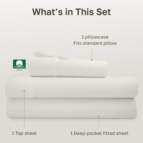 California Design Den Twin Sheet Set - 100% Soft Cotton, 400 Thread Count, Silky Sateen Weave - Ivory