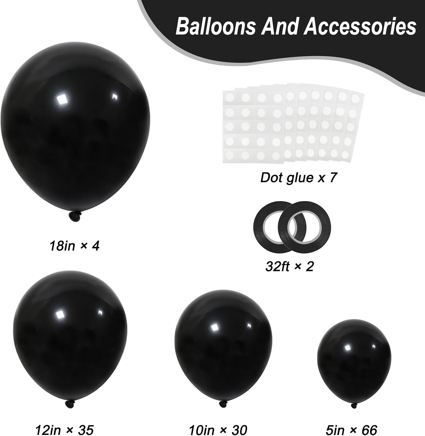 RUBFAC Black Latex Balloons - 135pcs in 5-18 Inch Sizes for Halloween, Birthday & Wedding Decor