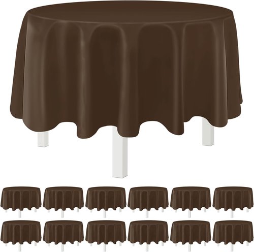 Brown 84-Inch Disposable Round Tablecloths - 12 Pack Plastic Covers for Parties & Events