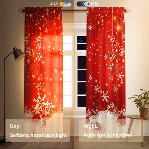 Funnytree Red Christmas Window Curtain Kids Winter Xmas Glitter Bokeh Print Curtains Home Decor Rod Pocket Darkening Drapes for Bedroom Living Room 82 in x 84 in