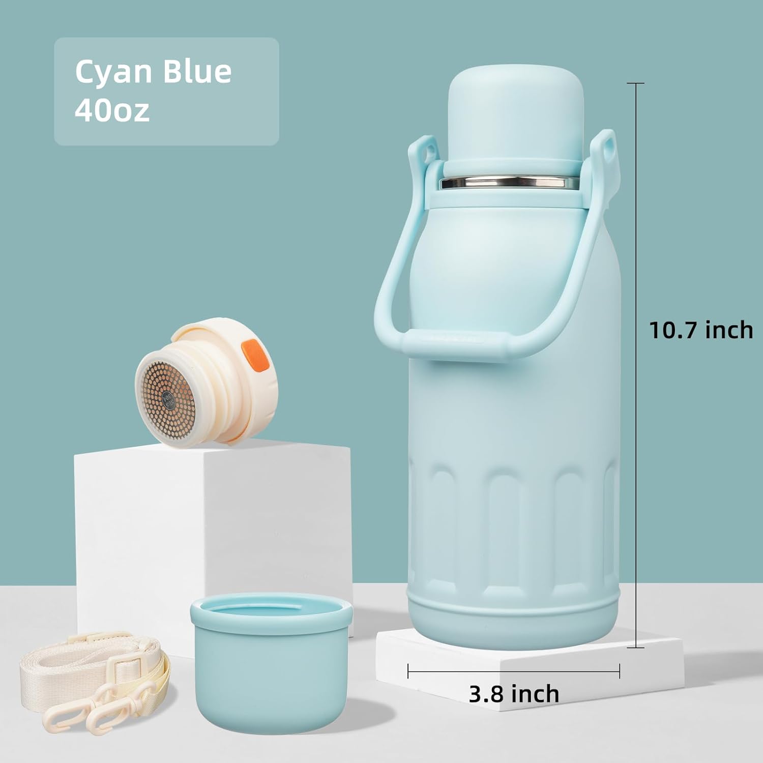Skiennix Insulated Water Bottle - 40 Oz Vacuum Travel Tumbler with Handle & Strap - Cyan Blue