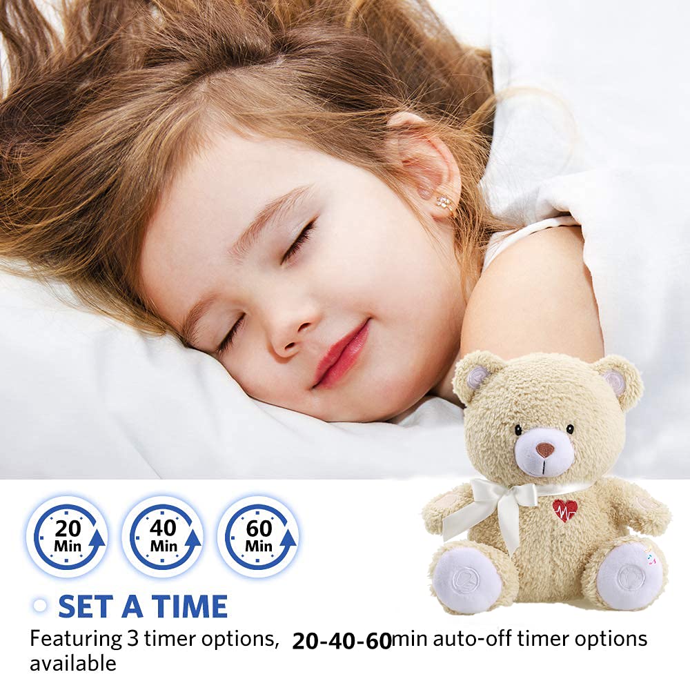 BEREST Newborns Musical Baby Sleep Soother, Mom's Heartbeat White Noise Machine, Bear Sleeping Aid with Cry Sensor, Night Light & 9 Sounds Therapy, Classic Sleeping Bear Infant Sleeping Aid Toy(Brown)