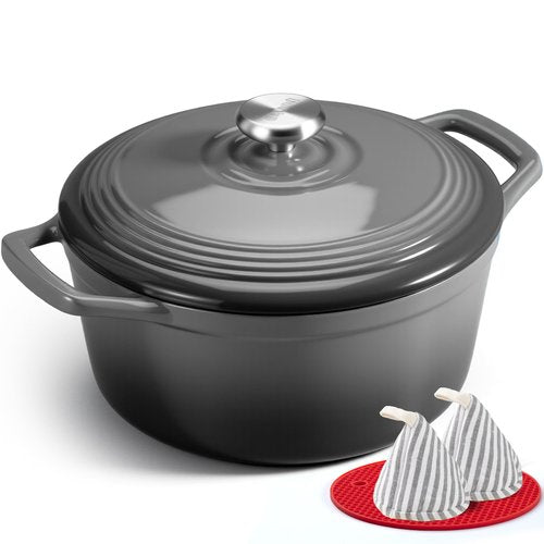 Overmont Enameled Cast Iron Dutch Oven - 5.5QT Pot with Lid Cookbook & Cotton Potholders - Heavy-Duty Cookware for Braising, Stews, Roasting, Bread Baking Grey