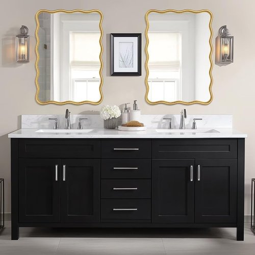 PROHOMEWARE 20 * 28" Gold Wavy Rectangular Vanity Bathroom Mirror for Wall Mounted Bedroom Entryway Living Room Farmhouse