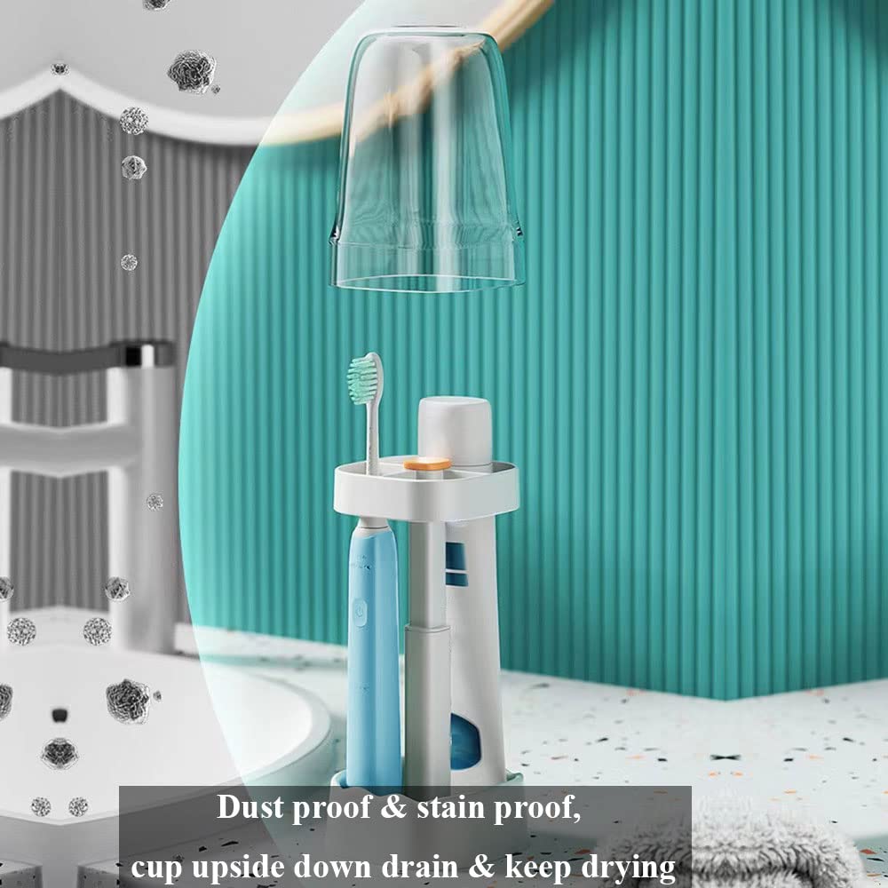 1 Pack 2 in 1 Bathroom Toothbrush Holder & Rinsing Cup with Adjustable Height, Dust Resistant and Water Draining Design, Toothbrush Holders with Cover (1, White)