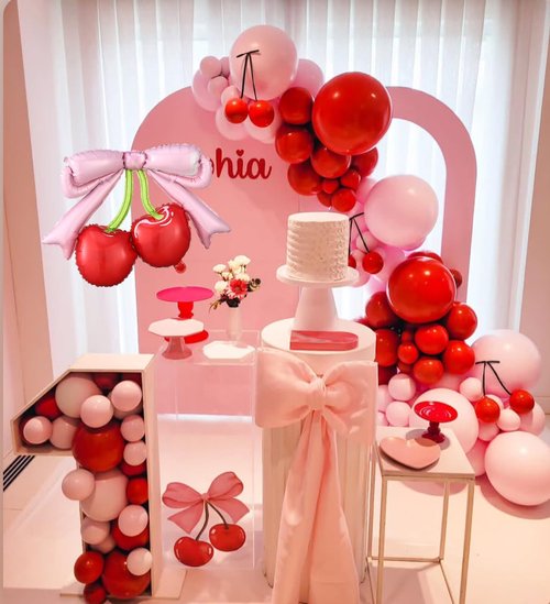 PageebO Cherry Birthday Decorations,146pcs Red and Pastel Pink Latex Balloons with Cherry Balloon for Cherry on TOP Baby Shower Decorations Girl Birthday Berry First Cute Fruit Party Favors Home Decor