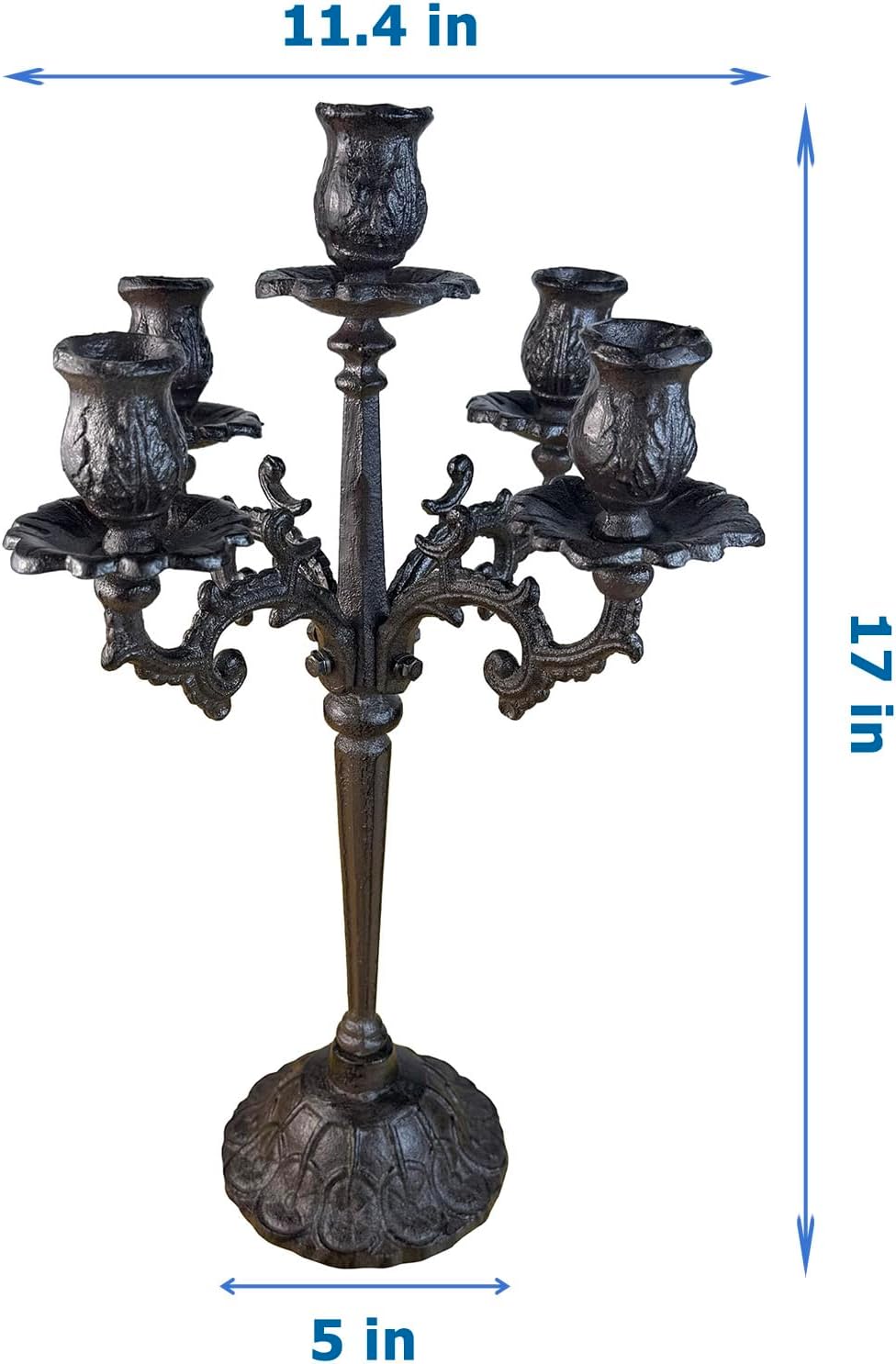 Antique Rust Brown Cast Iron Candelabra - 5-Arm Vintage Floral Candle Holder | 17" Tall Rustic Centerpiece for Holiday Decor