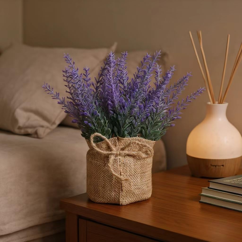 1 Pack Fake Flowers Purple Artificial Lavender Potted Bunches Small Faux Lavender Plants for Window Patio,Rustic Farmhouse,Wedding Centerpieces,Indoor Outdoor Decorations,Home Vase Fillers