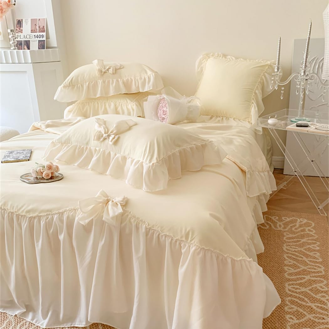 IHOUSTRIY Duvet Cover Twin Size, Ruffle Beddding Set with Bowtie, 2 Pieces Comforter Cover Set with Zipper Closure, Girl Princess Bedding with Pillowcase - Cream Yellow, Twin