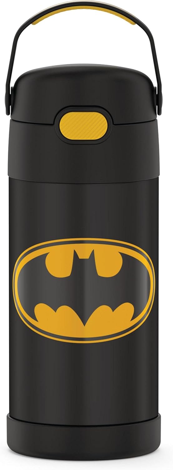 THERMOS FUNTAINER Kids Water Bottle - 12 Ounce Stainless Steel Vacuum Insulated with Straw | Batman Design