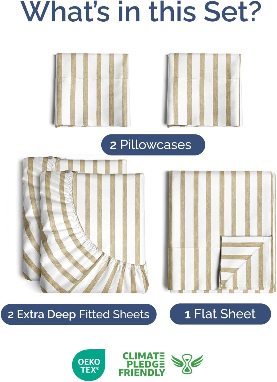 Skiennix Extra Deep Split King Sheet Set - 7 Piece Breathable Cooling Bedding - Soft Wrinkle-Free Beige Stripes