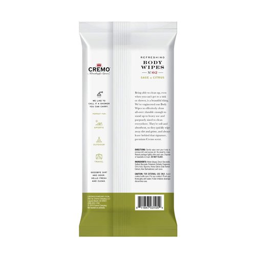 Cremo Refreshing Sage & Citrus Body Wipes, A Revitalizing Combination of Bright Mandarin, Dry Herbs and White cedar, 60 Count