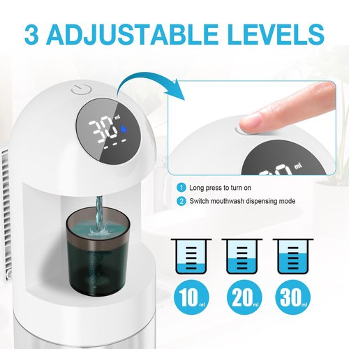 Automatic Mouthwash Dispenser for Bathroom, 20.29 Oz Dispensers with Magnetic Cups,Wall Mounted Dispenser,3 Dispensing Levels,Bathroom Accessories,House-Warming Gifts (White)