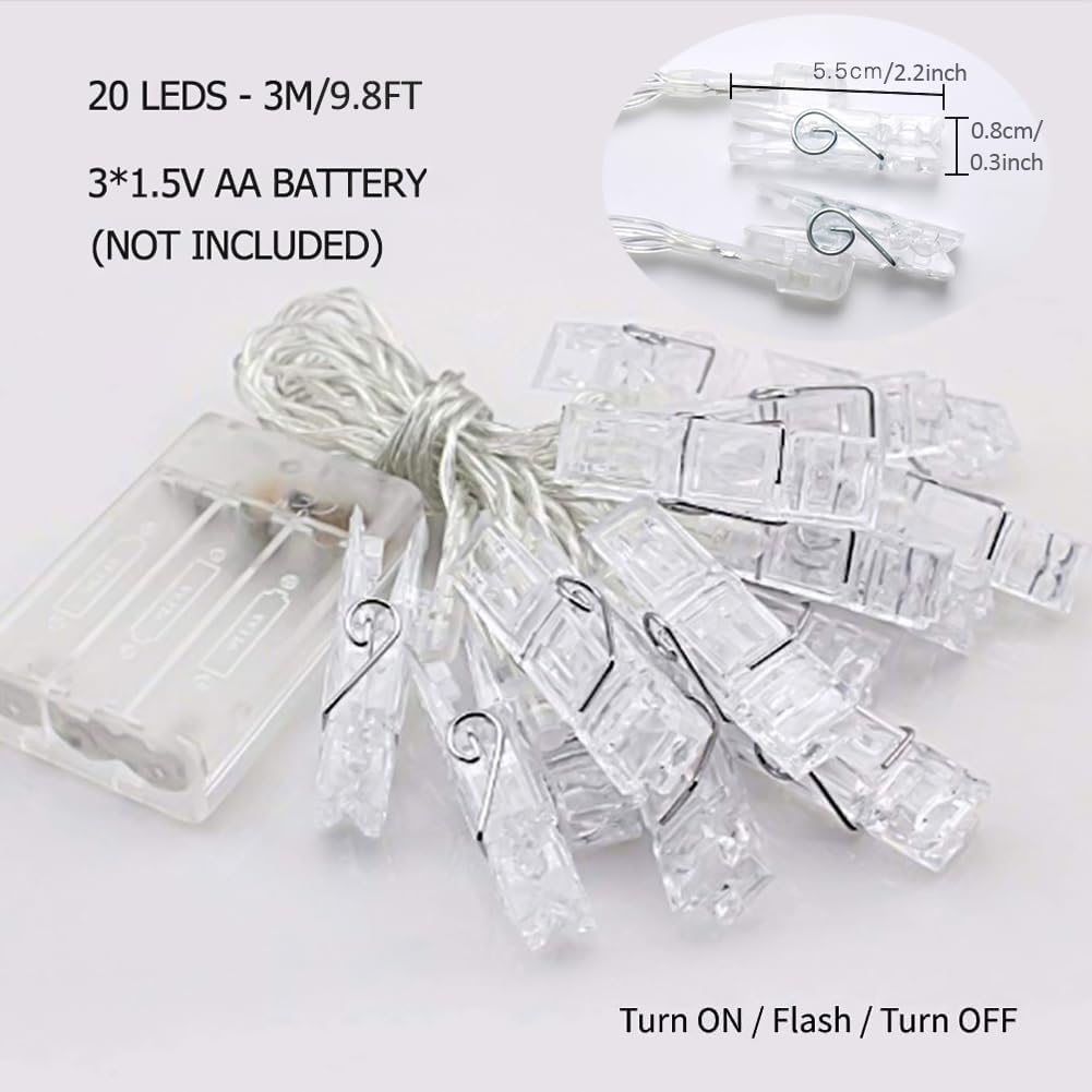 Skiennix Photo Clips String Lights - 20 LED Warm White Fairy Lights, 9.8Ft for Dorm & Party Décor