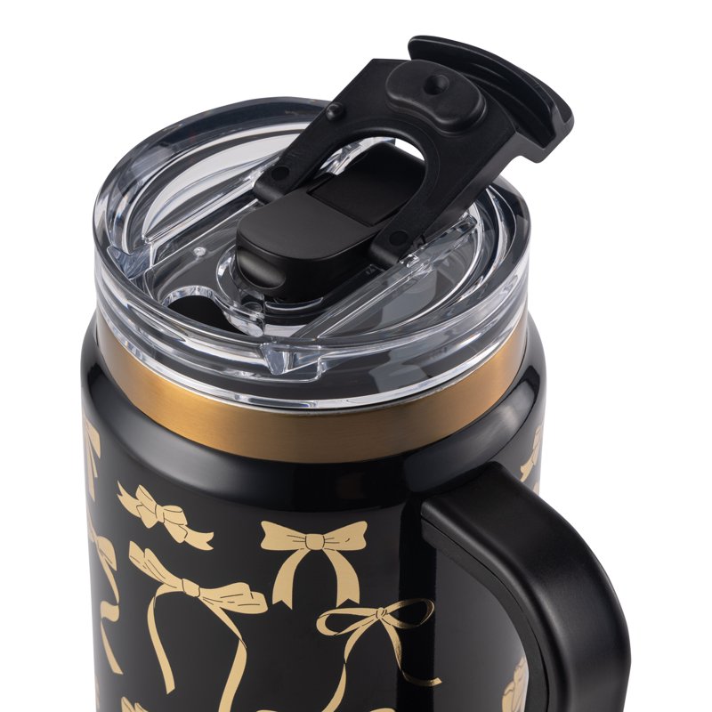 32oz Stainless Steel Tumbler with Handle & Dual Straw Lid - Black & Gold Bows