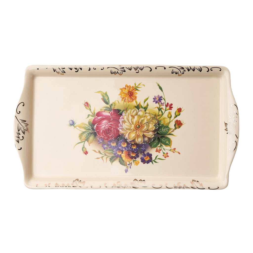 YOLIFE Ceramic Tea Serving Tray, Floral with Gold Leaves Trim Decorative Platter for Tea Party - 13.5 x 7.5 inch