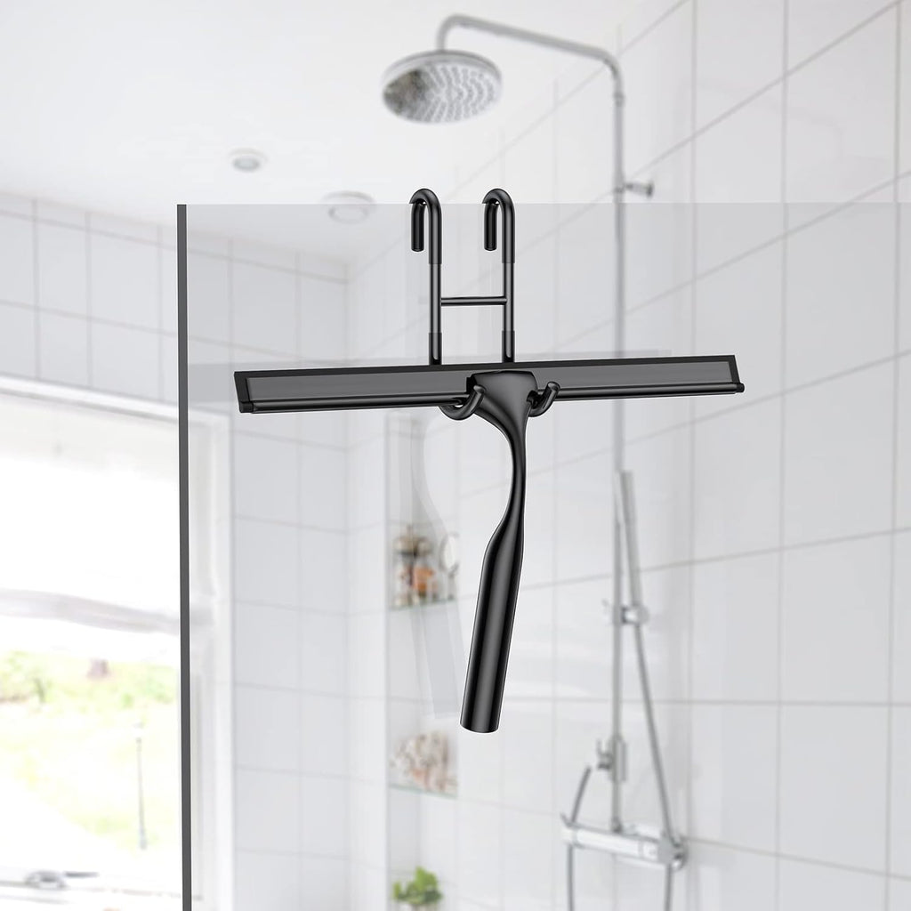 Skiennix Stainless Steel Shower Squeegee Set - 14-Inch with Hooks & Spare Blade for Glass & Mirrors