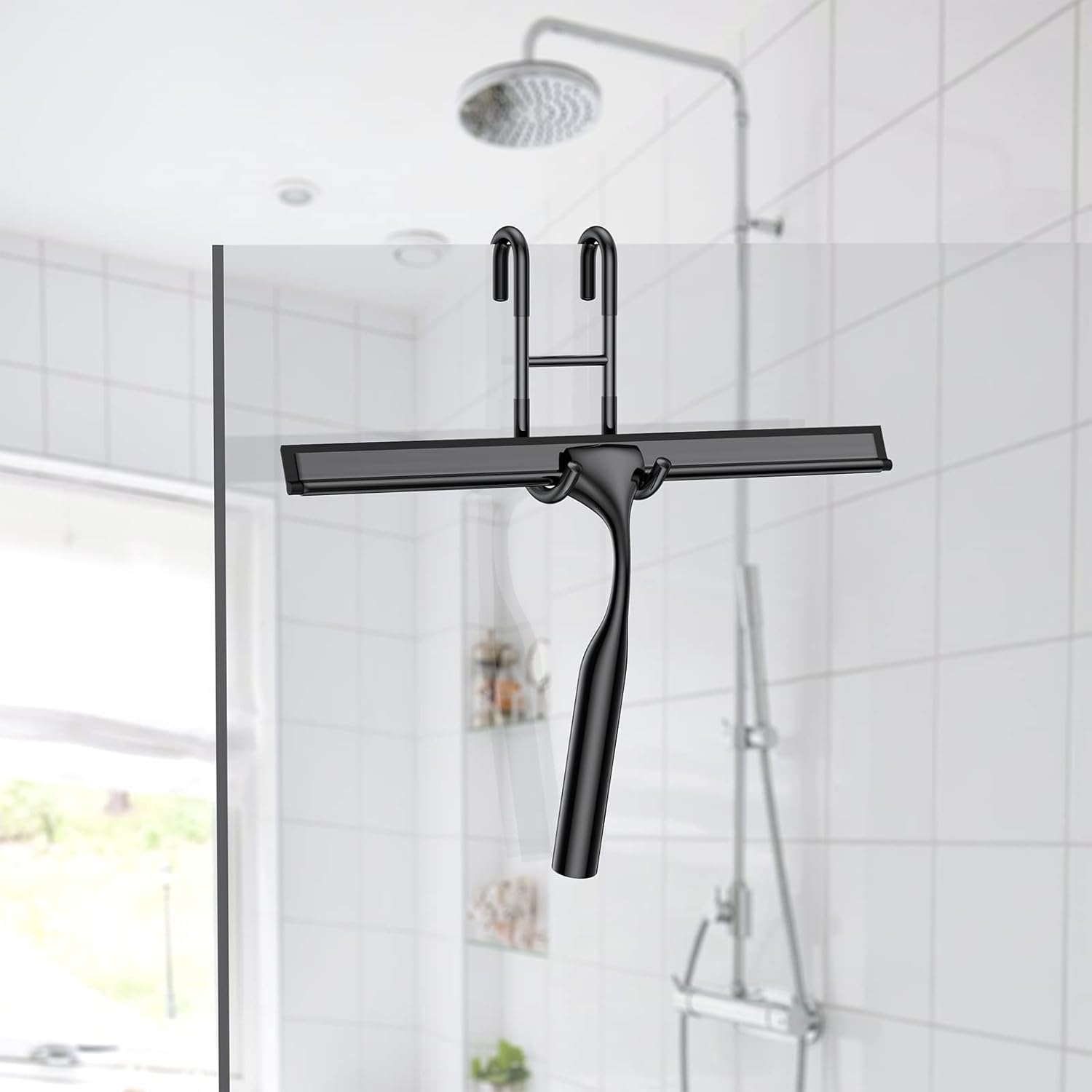 Skiennix Stainless Steel Shower Squeegee Set - 14-Inch with Hooks & Spare Blade for Glass & Mirrors