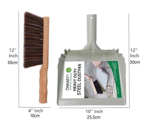 OAKART Metal Dust Pan and Brush Set Soft Bristle Wooden Broom Heavy Duty Pan Portable Size