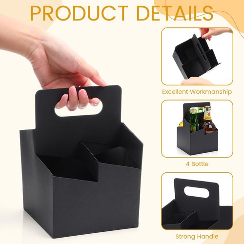 Jetec 100 Pcs 50 Pcs 4 Cup Drink Carrier with Handle, Kraft Paperboard Beer Carrier, Disposable Drink Holder for Hot or Cold Drinks, 12-16 oz Bottle Holder for Food Delivery Beverages (Black)