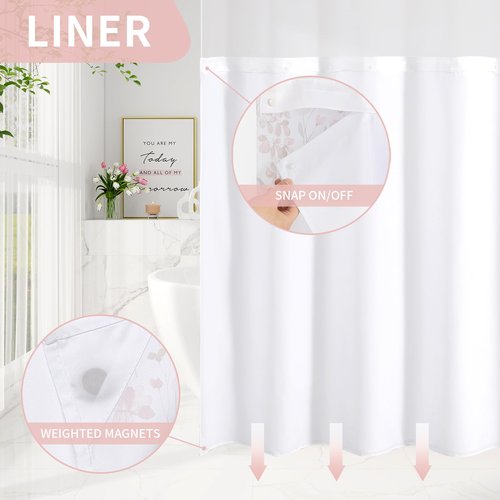 Litabel No Hook Pink Watercolor Floral Shower Curtain and Liner Set, Spring Flower Shower Curtains with Snap in Liner for Farmhouse Bathroom Decor, Botanical Bathroom Curtain with Leaves, 72x74