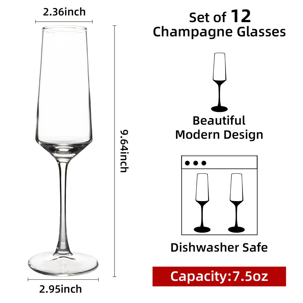 YANGNAY Champagne Flutes Set of 12, 7.5 oz Stemmed Champagne Glasses, Sparkling Wine Glasses for Party, Clear