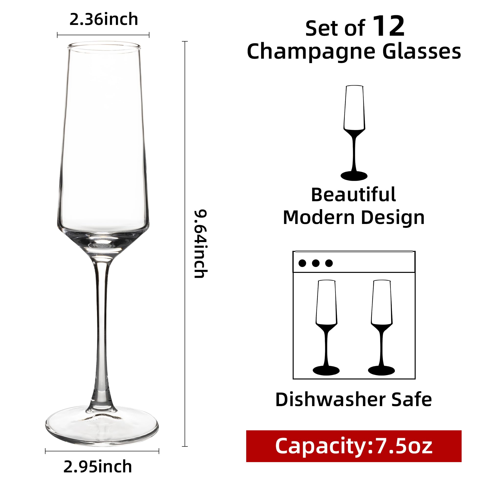 YANGNAY Champagne Flutes Set of 12, 7.5 oz Stemmed Champagne Glasses, Sparkling Wine Glasses for Party, Clear