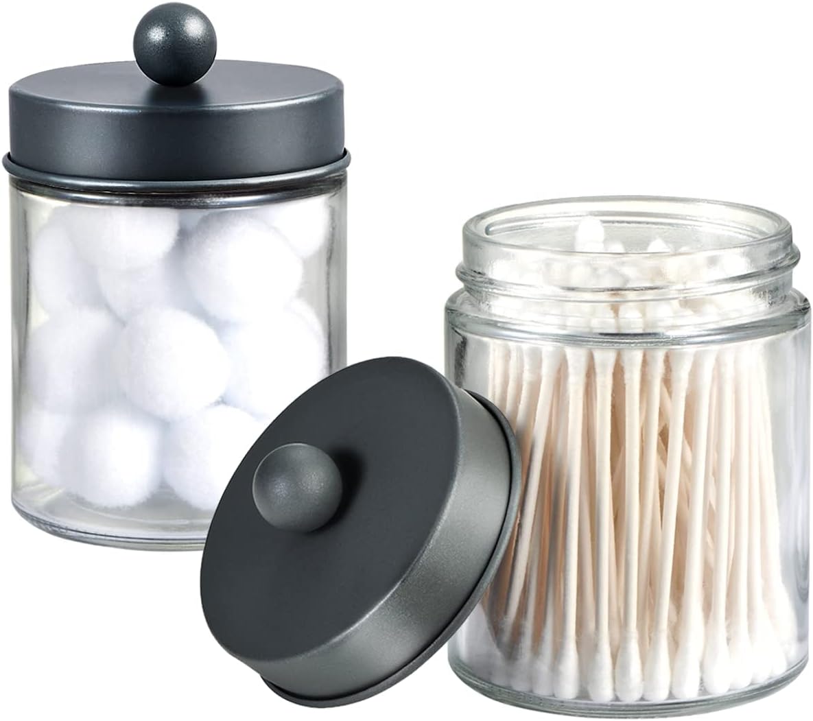 Amolliar Apothecary Jars - Stylish Bathroom Storage Organizer | Glass Canister with Lid for Q-Tips, Cotton Swabs & Makeup Accessories - Grey (2 Pack)