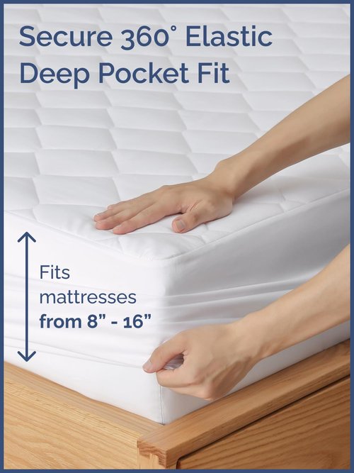Quilted Fitted Mattress Pad Protector Queen Size - Elastic Fitted Mattress Topper & Cover - Breathable, Soft, Low Profile Top Cover with 8-16 Inch Deep Pockets - Easy-Fit & Machine Washable - White