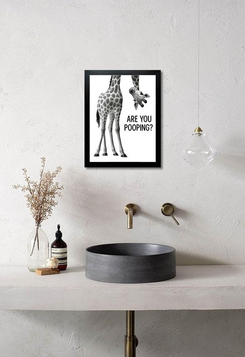 Funny Giraffe Bathroom Wall Art - 'Are You Pooping?' 8x10" Black & White Framed Print | Quirky Home Décor