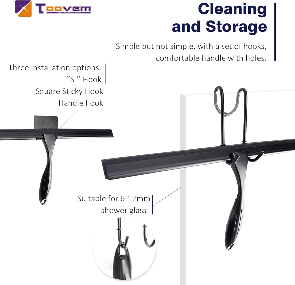 TOOVEM Shower Squeegee - 14'' Glass Door & Window Cleaner | Ideal for Bathrooms & Cars - Black
