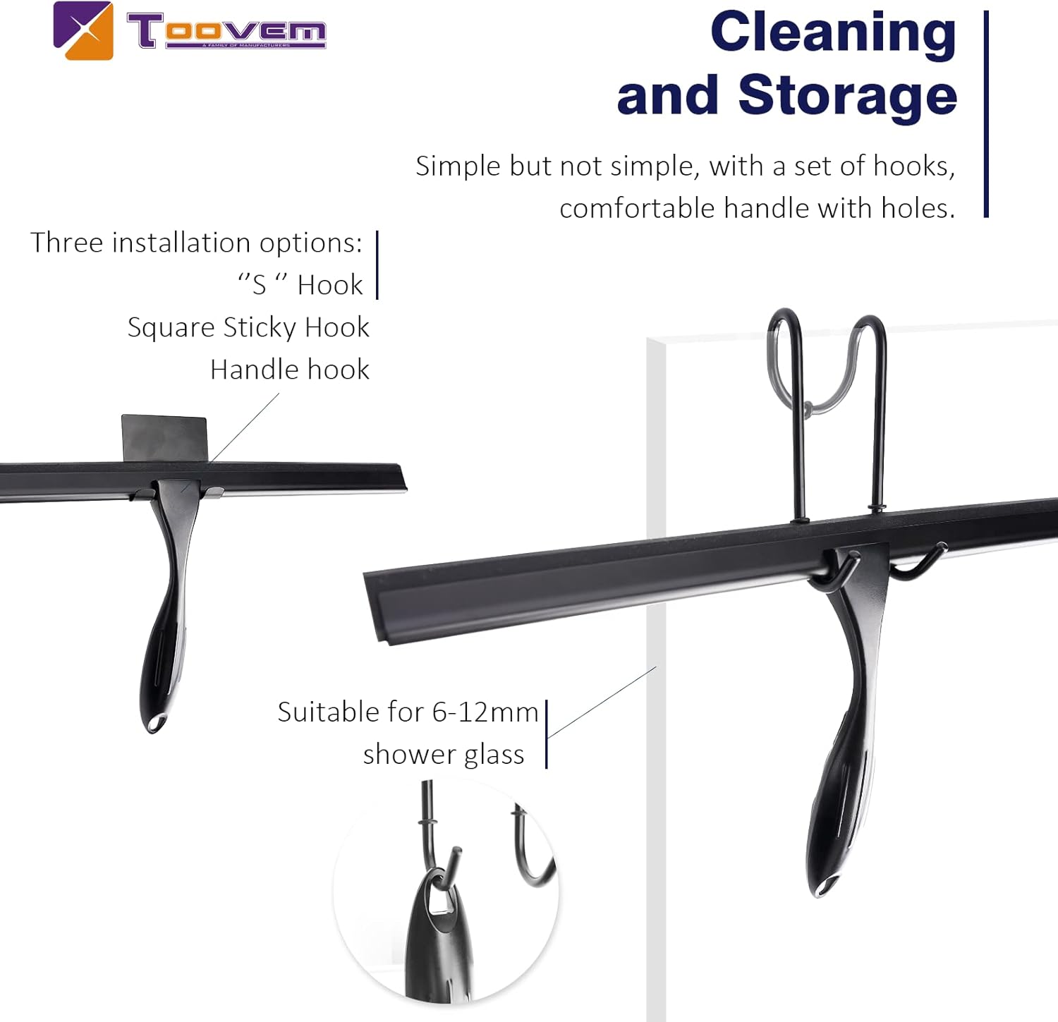 TOOVEM Shower Squeegee - 14'' Glass Door & Window Cleaner | Ideal for Bathrooms & Cars - Black