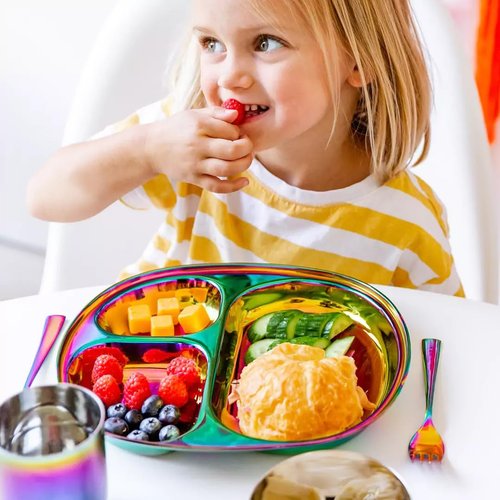 Ahimsa Stainless Steel Kids Dinnerware Set, Pediatrician Designed, 5 Piece Toddler Plates and Bowls Set, Stainless Steel Divided Plate, Cup and Kids Utensils, Rainbow
