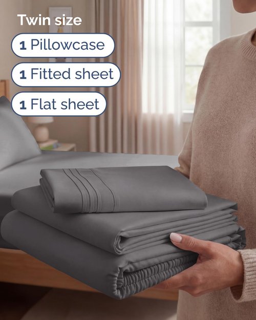 Comfy Twin Size 3 Piece Sheet Set by [Brand Name] - Breathable & Cooling Luxury Bedding - Deep Pockets, Ultra-Soft, Wrinkle-Free - Dark Grey