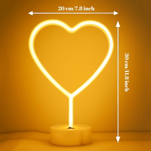 LED Heart Shaped Neon Night Lights Warm White Neon Lamp USB & Battery Powered Hanging Wedding Sign Novelty Indoor Lamps Decor Birthday Party Christmas Party Kids Room Living Room Bedroom or Bar