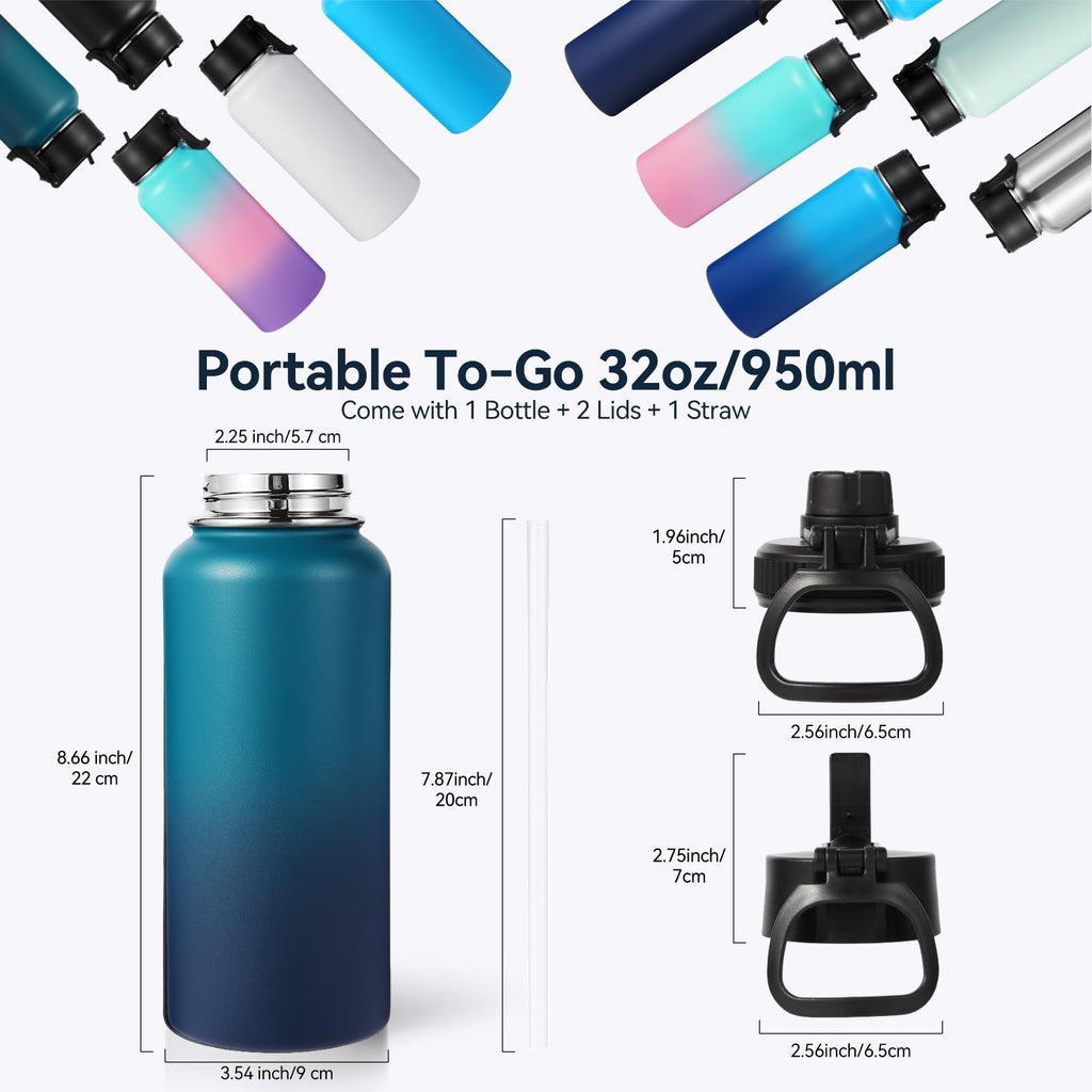 Neihepal 32 oz Insulated Water Bottles with 2 Lids (Straw & Spout Lid), 18/8 Stainless Steel Double Wall Water Bottle for Gym, Travel, Camping, Sports (Assorted,2 Pack)