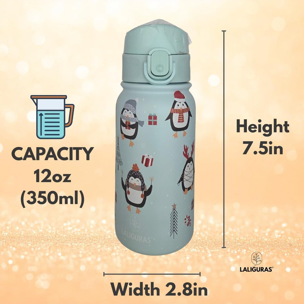 Skiennix Kids Stainless Steel Water Bottle - 12 oz Insulated Thermos with Straw Lid | Leakproof BPA-Free (Light Blue Arctic Pals)