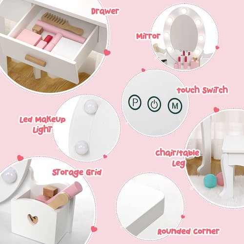 Kids Vanity Set, Pretend Play Girls Vanity Table and Chair Set with Lighted Mirror, Stool, and Wood Makeup Playset, White