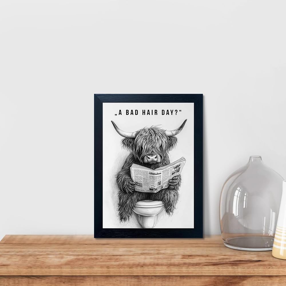 Orvannaatr Highland Cow Wall Art - Humorous Sketch of Cow on Toilet for Fun Bathroom Décor