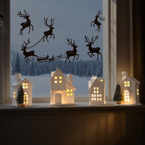 Christmas Village Set - 4 Lighted Ceramic Houses & 3 Trees | Indoor White Christmas Decorations