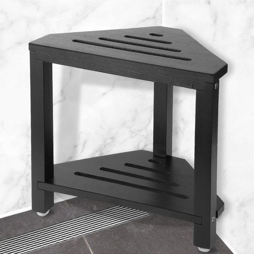 IBosins Corner Shower Stool - Stylish Acacia Wood Bath Seat with Storage Shelf | Black Finish