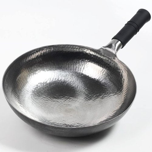 Mecete Wok pan 5th Generation, Traditional Hand Hammered Uncoated Carbon Steel Pow Wok with one piece Steel Handle one piece pan (13.3 Inch, Round Bottom) 1.8 mm thickness