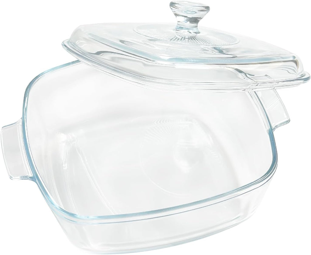 Skiennix Small Tempered Glass Casserole Dish - Oven Safe with Lid | 0.8L Square Baking Dish, Clear
